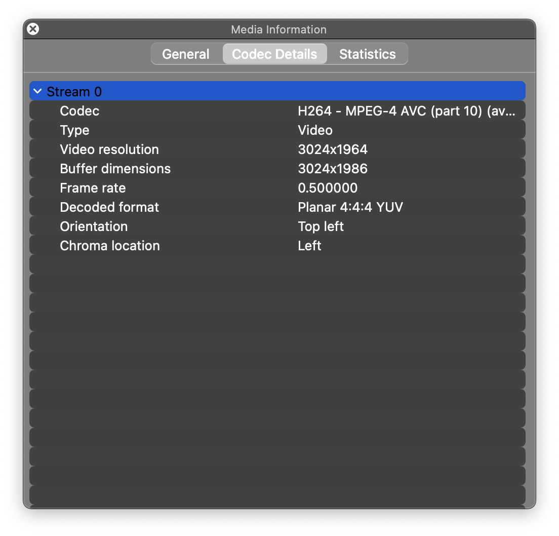 Screenshot of a window titled Media Information. Stream 0 is shown with Frame rate 0.5.