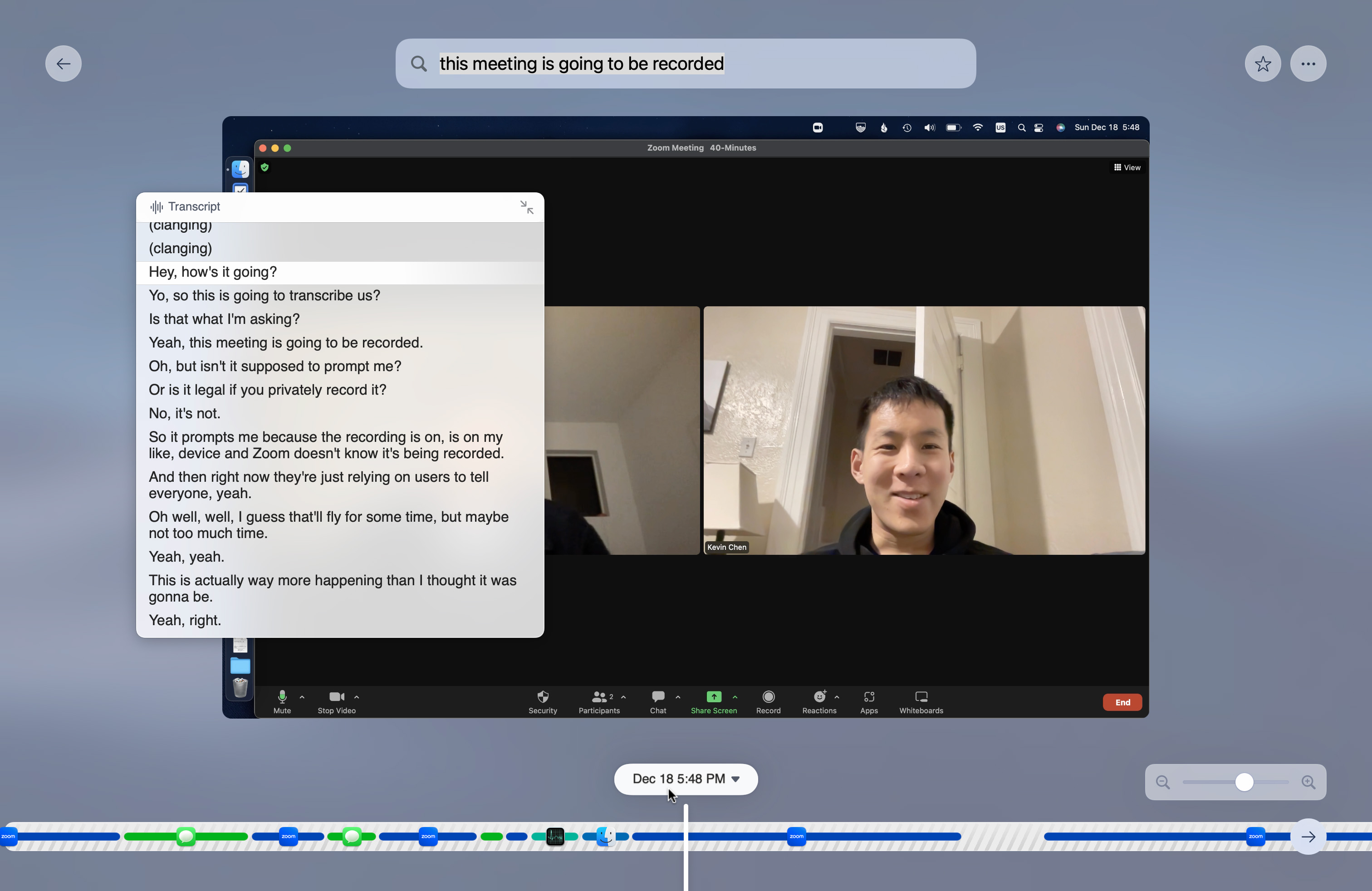 A screenshot of a Zoom meeting and a timeline.