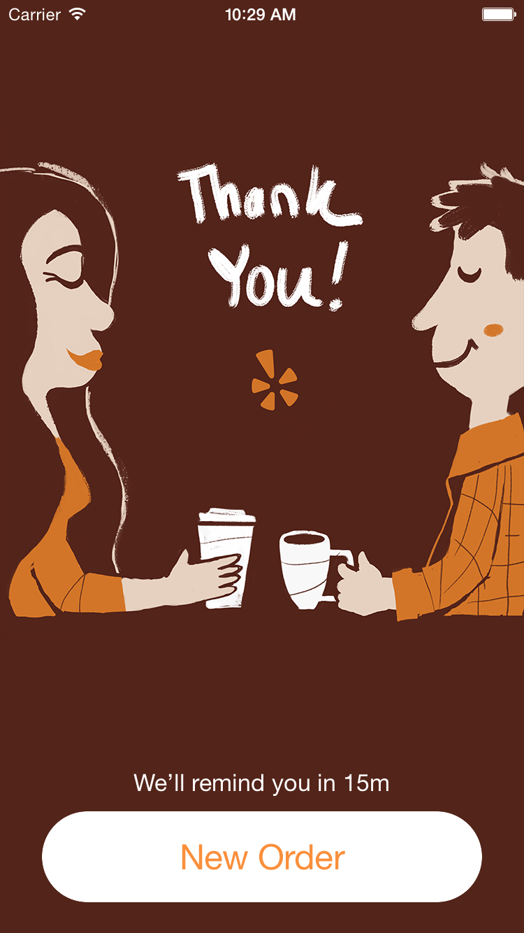 A screenshot with a graphic consisting of two people drinking coffee and the words thank you. A button at the bottom of the screen reads New Order.